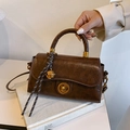 Vintage brown oil-wax leather handbag with gold metal clasp and top handle for women - Brown (With Charm)