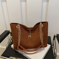 Dark brown faux suede tote bag with golden chain strap and a deer charm pendant - Brown