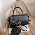 Retro black crossbody handbag with wrinkled PU leather, gold ring buckle, and bell charm - Black (With Pendant)