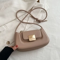 Minimalist apricot leather baguette bag with large square gold buckle and rope strap - Khaki