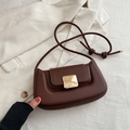 Minimalist chocolate brown baguette shoulder bag with gold square buckle and cord strap - Brown