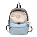 Three-color patchwork school backpack in grey, beige, and blue with plush ball charm - Small / Blue with Pendant