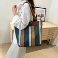 Borsa tote vintage con strisce verdi e gialle e dettagli in pelle marrone scuro - Blu