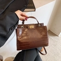 Large capacity dark brown crocodile pattern handbag with gold clasp for women - Brown