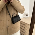 French style black mini crossbody bag with white contrast stitching and top handle - Black