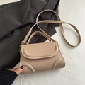 Minimalist beige square leather handbag with white contrast stitching and gold hardware - Khaki