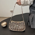 Leopard print baguette bag with silver bow detail and slim shoulder strap for women - Leopard Khaki