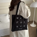 Black corduroy shoulder tote bag with white letter embroidery for casual daily wear - Black