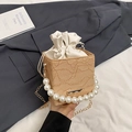 Lace covered box bag with pearl handle, drawstring closure and gold chain strap - Khaki