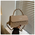 Dettaglio borsa a tracolla beige con pannello a scacchi e scritte alla moda - Cachi