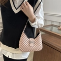 Vintage patterned beige shoulder bag with silver bow buckle in a half-moon shape - Pink