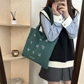 Dark green corduroy tote bag with white letter embroidery for daily commute use - Dark Green