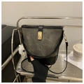 Retro bucket bag in dark grey canvas and black leather with golden metal buckle and plush charm - With White Glasses Charm / Black