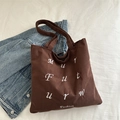 Vintage dark brown corduroy tote bag with white letter embroidery and large capacity - Coffee