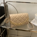 Chic beige quilted small square bag with gold chain handle and adjustable strap - Khaki