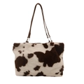 Faux fur cow print tote bag with brown leather straps for autumn and winter style - Brown