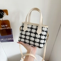 Piccola borsa a mano minimalista in tweed a quadri bianchi e neri con cinturino in PU bianco crema - Bianco Senza Pendente