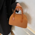 Brown matte suede Boston handbag with vintage top handles and sleek metal zipper closure - Brown