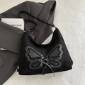 Sac hobo demi-lune en daim noir avec motif papillon et bandoulière réglable - Noir