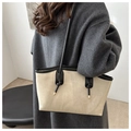 Detail view of large cream and black tote bag with Fashion text and slender straps - No Pendant / Beige