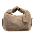 Braune Plüschhandtasche mit geknotetem Ledergriff und goldenem Zitat-Anhänger - Braun