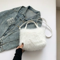 White faux fur rectangular handbag with detachable long strap and top handle style - White