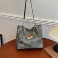 Borsa tote grigio-verde con spalline in pelle marrone e dettaglio decorativo con perle - Senza Ciondolo / Nero