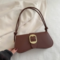 Vintage dark brown PU leather baguette bag with a bold gold square buckle detail - Coffee