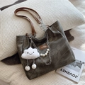 Grey canvas tote bag with brown leather straps, decorative chains and cloud charm - With Cloud Pendant / Black