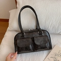 Borsa tote retrò nera con due tasche frontali su trama a nido d'ape bianca - Nero