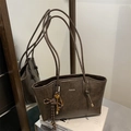 Vintage dark coffee large capacity tote bag with fashion lettering and charm detail - With Rope Pendant / Brown