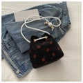 Black corduroy bucket bag with strawberry print and white cotton rope strap - Black Strawberry