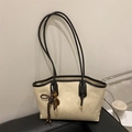 Cream white tote bag with long straps and fashion logo on matte leather finish - With Rope Pendant / Beige