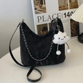 Black pleated leather hobo bag with silver chain and cute plush cloud charm detail - Black With Cloud Pendant