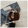 Brown corduroy bucket bag featuring red strawberry prints and white drawstrings - Brown Strawberry