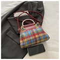 Colorful plaid tweed crossbody bag with round wooden handle and red leather strap - Red