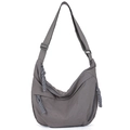 Grey nylon crescent moon bag featuring adjustable strap and multi-zipper compartments - Gray