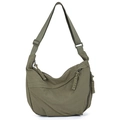 Army green nylon crescent shoulder bag with pleated texture and adjustable strap - Green