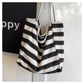 Large canvas tote bag with classic black and white stripes for casual shopping and commuting - Black