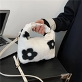 Chic black and white floral plush handbag with white scrunchie handle and shoulder strap - Black Floral