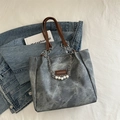 Grey washed denim tote bag with brown leather handles and pearl chain strap detail - With Pendant / Blue