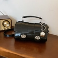 Mini black crocodile texture cylinder bag with silver sphere charm and top handle - Black (With Pendant)