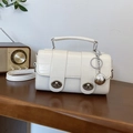 White croc-effect rectangular handbag with silver ball pendant and crossbody strap - Cream (With Charm)