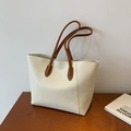 Minimalist cream white tote bag with brown straps, large capacity for daily commute - White