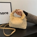 Chic cream plush handbag with soft faux fur texture and elegant ruched leather handle - Khaki
