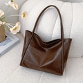 Minimalist large capacity tote bag in dark brown faux leather with long slim straps - Brown