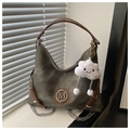 Detail of olive green hobo bag with leather handles and a plush cloud charm - With Pendant / Gray