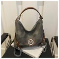 Detail of canvas leather tote with silver metal M logo and stylish chain pendant - No Pendant / Gray