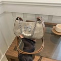Borsa sottobraccio in tela kaki con finiture in pelle e dettaglio fiocco di perle - Grigio