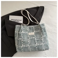 Woven tote bag in dark green and white geometric patterns with slim white shoulder straps - Green Without Pendant